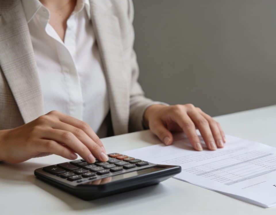 Femme assise a un bureau calculant ses indemnites sur une feuille avec une calculatrice