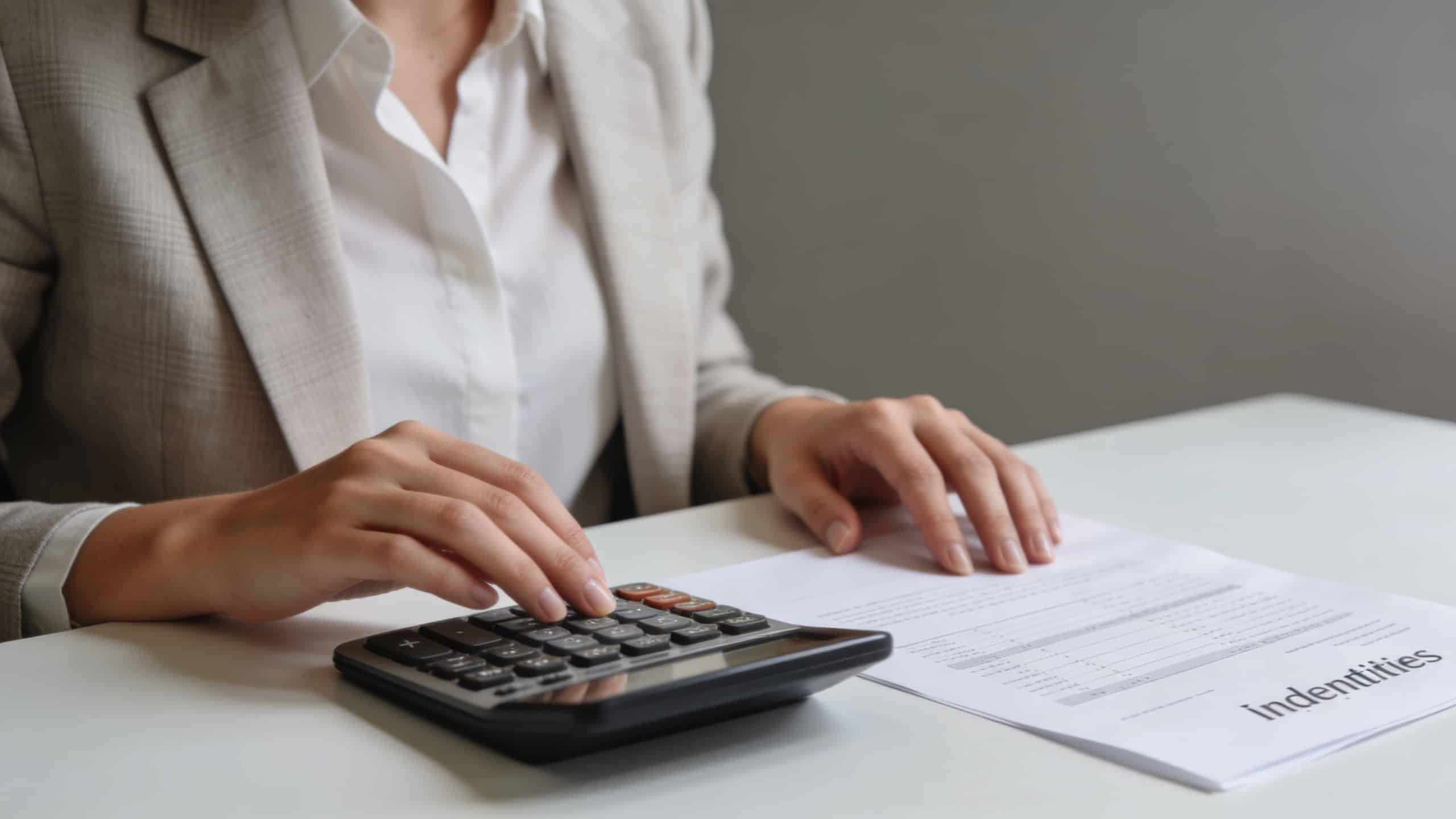 Femme assise a un bureau calculant ses indemnites sur une feuille avec une calculatrice
