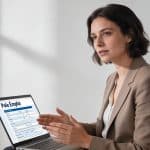 Femme assise devant ordinateur consultant formulaire Pole Emploi