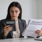 Jeune femme assise au bureau calculant indemnites chomage