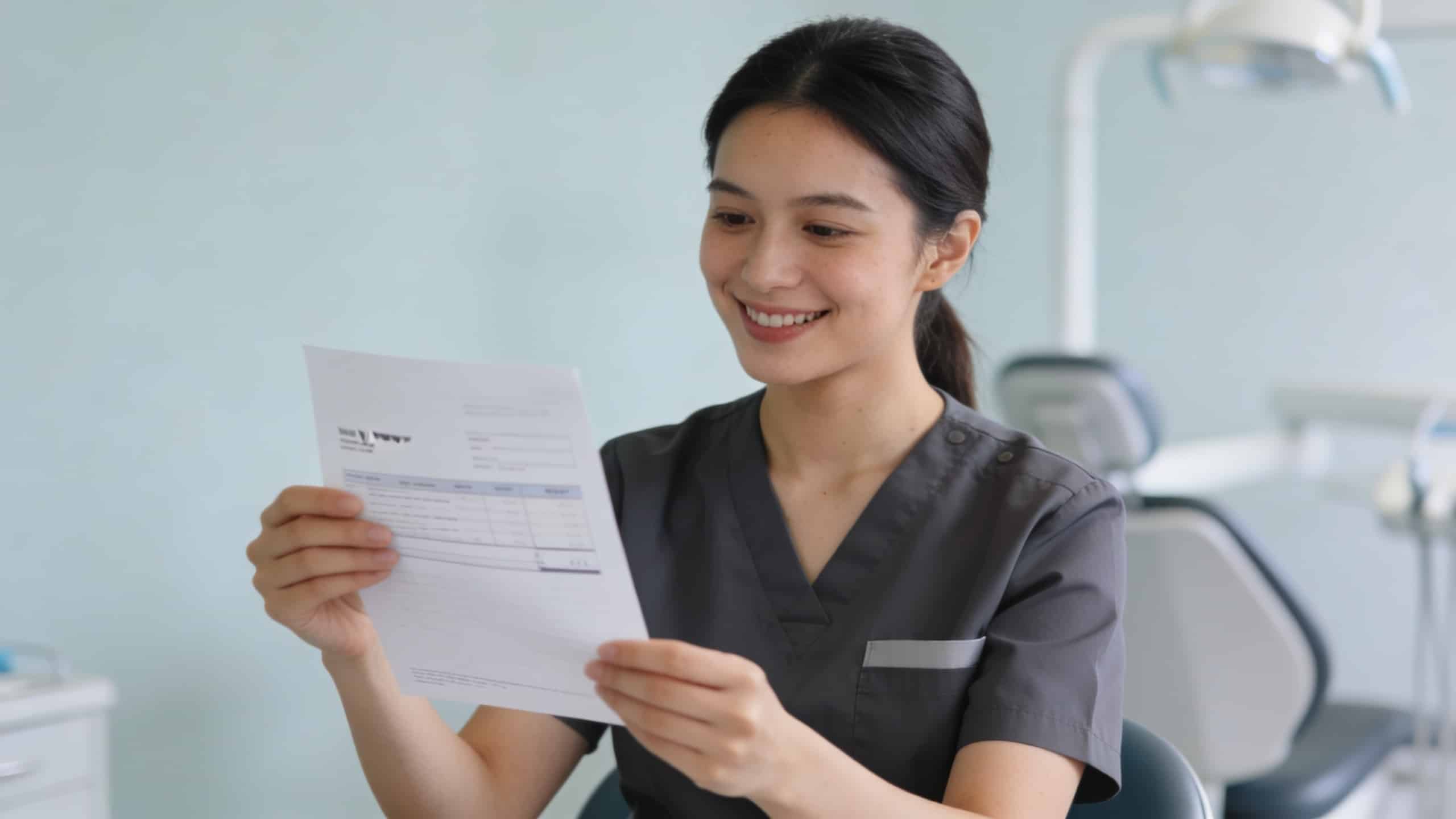 Assistante dentaire souriante regarde sa fiche de paie