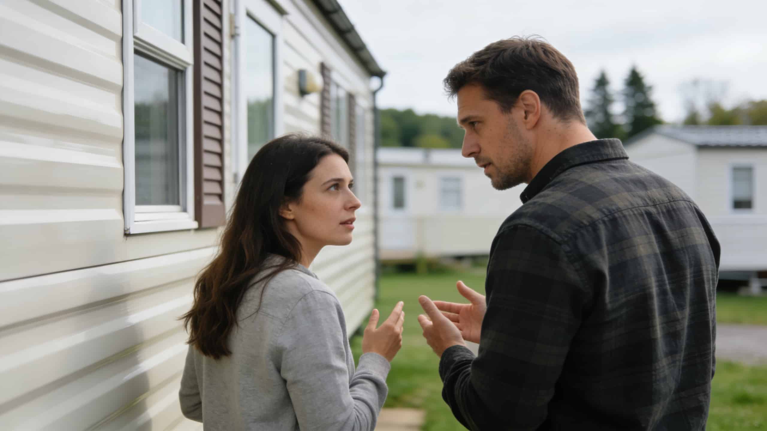 couple inquiet examinant mobil home sur terrain vente
