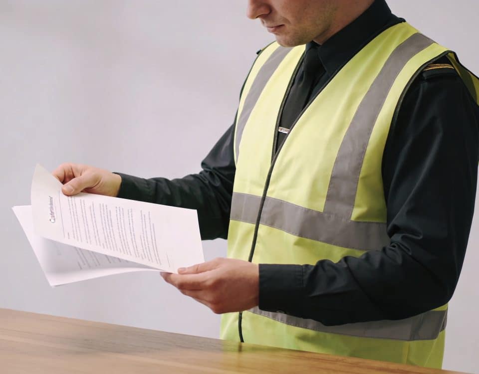 employe en gilet de securite regarde contrat partiel sur bureau