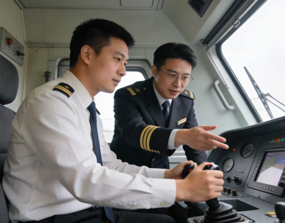 Formateur guidant un apprenti conducteur dans cabine locomotive