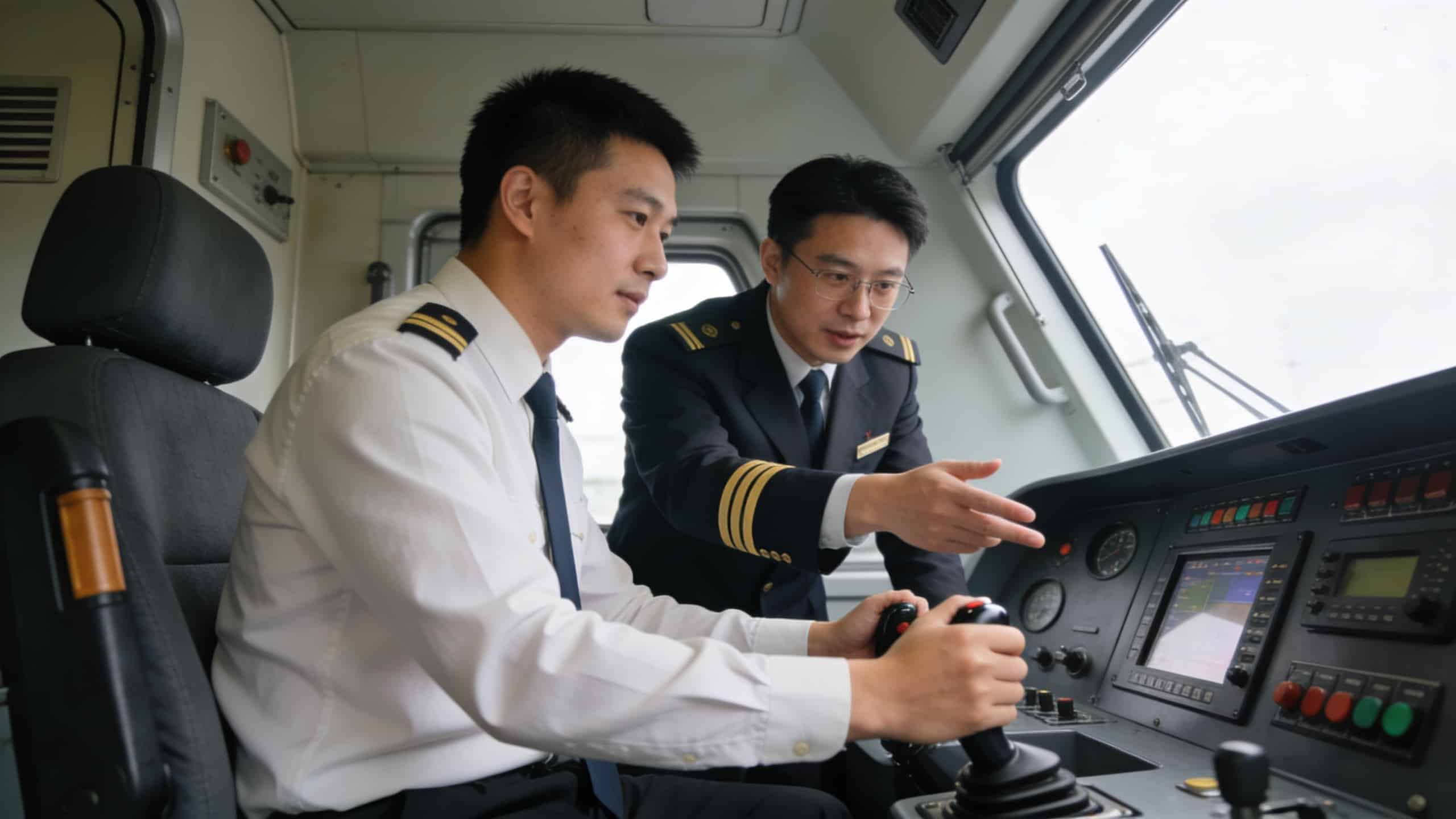 Formateur guidant un apprenti conducteur dans cabine locomotive