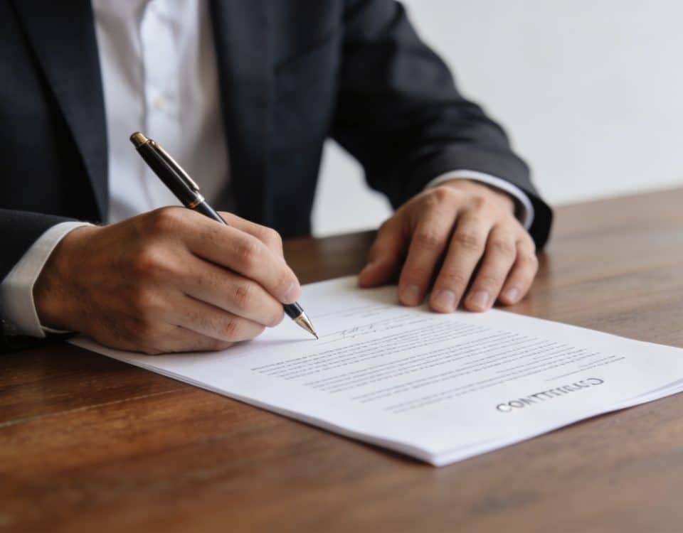 Homme assis signant un contrat officiel sur table