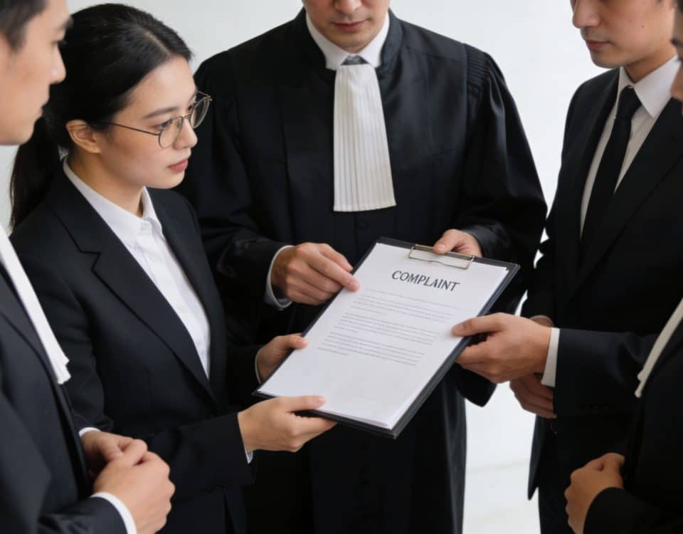 Groupe de huissiers en costumes discutant dossier de plainte