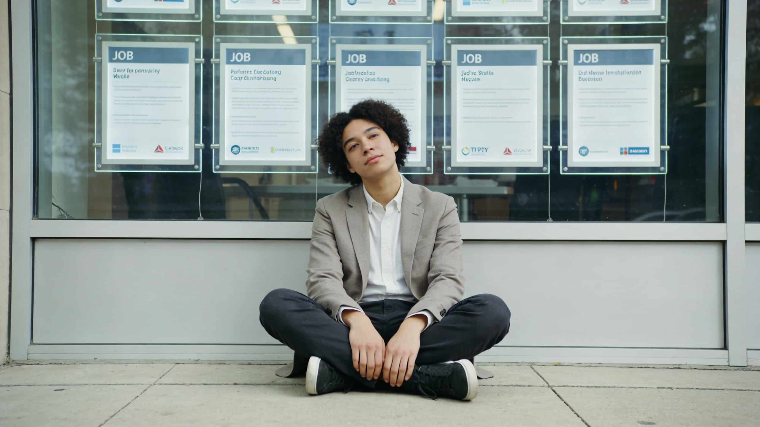 jeune adulte assis au sol devant vitrine emploi