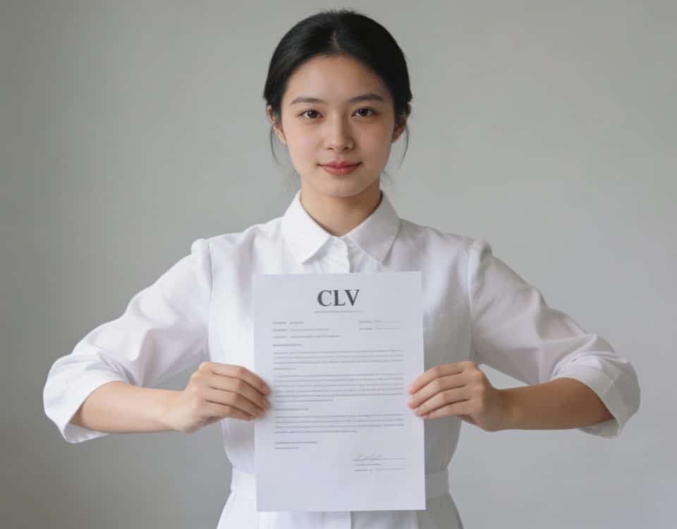 Jeune aide soignante en blouse blanche tenant un CV