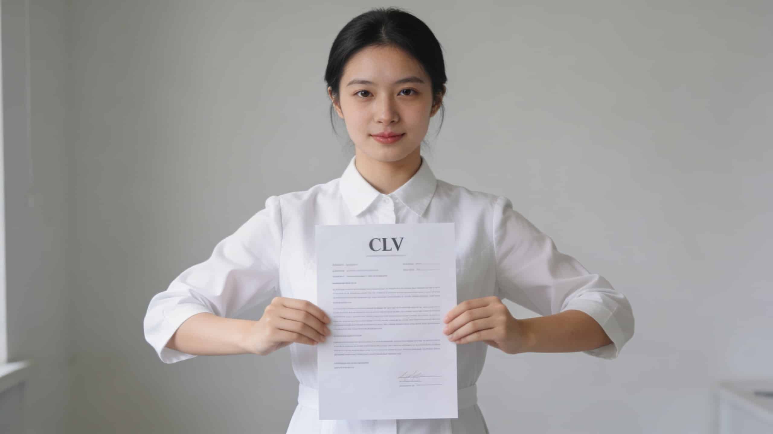 Jeune aide soignante en blouse blanche tenant un CV