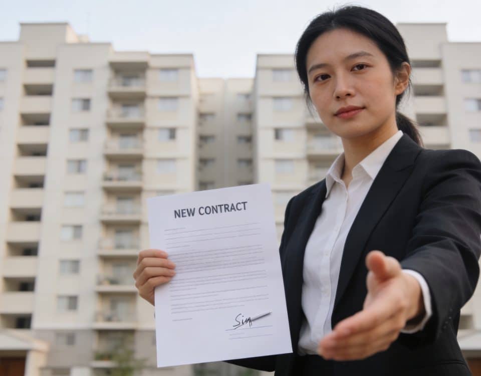 Locataire signe nouveau contrat devant immeuble identique
