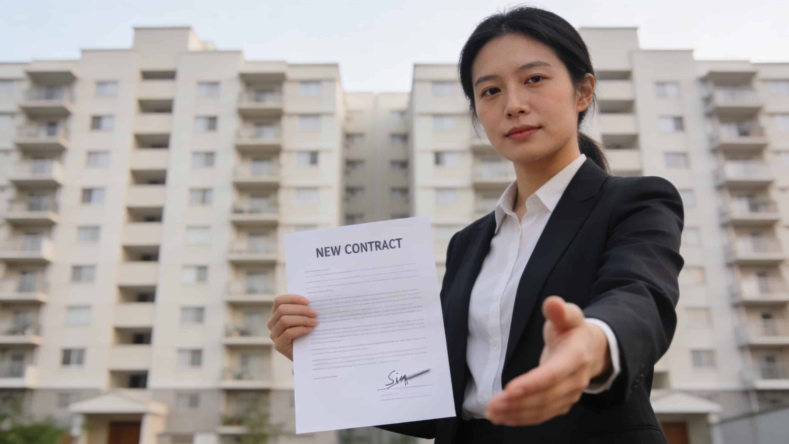 Locataire signe nouveau contrat devant immeuble identique