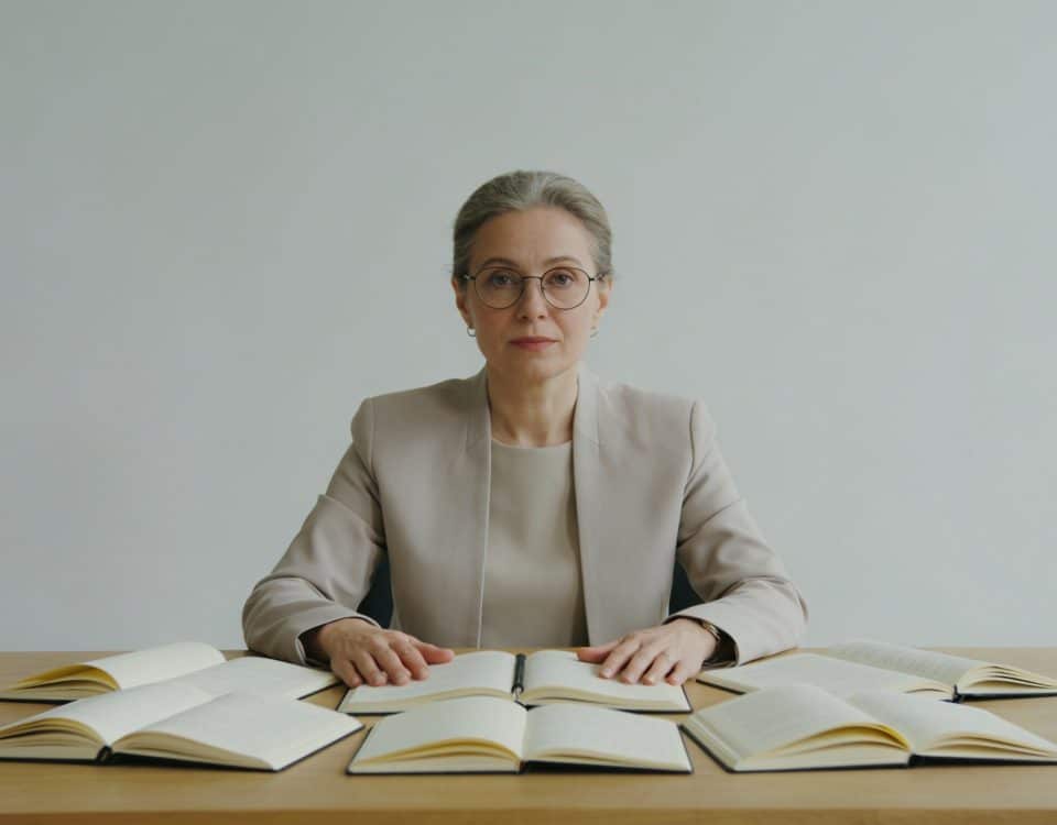 Adulte assis a un bureau, cahiers ouverts