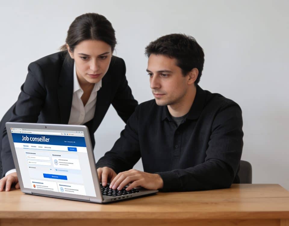 Conseiller entourant un chomeur assis devant ordinateur