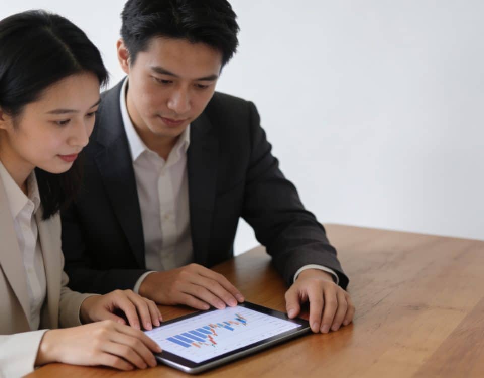 couple age consulte des graphiques financiers sur tablette