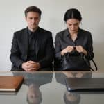 couple inquiet assis devant bureau conseiller financier