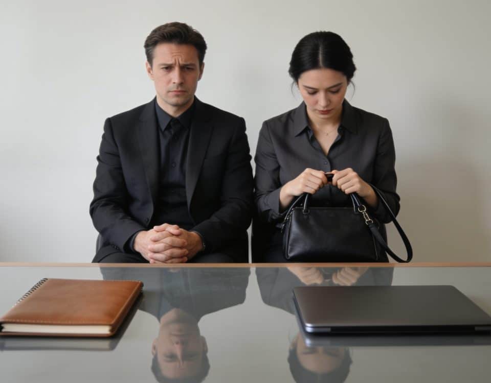 couple inquiet assis devant bureau conseiller financier