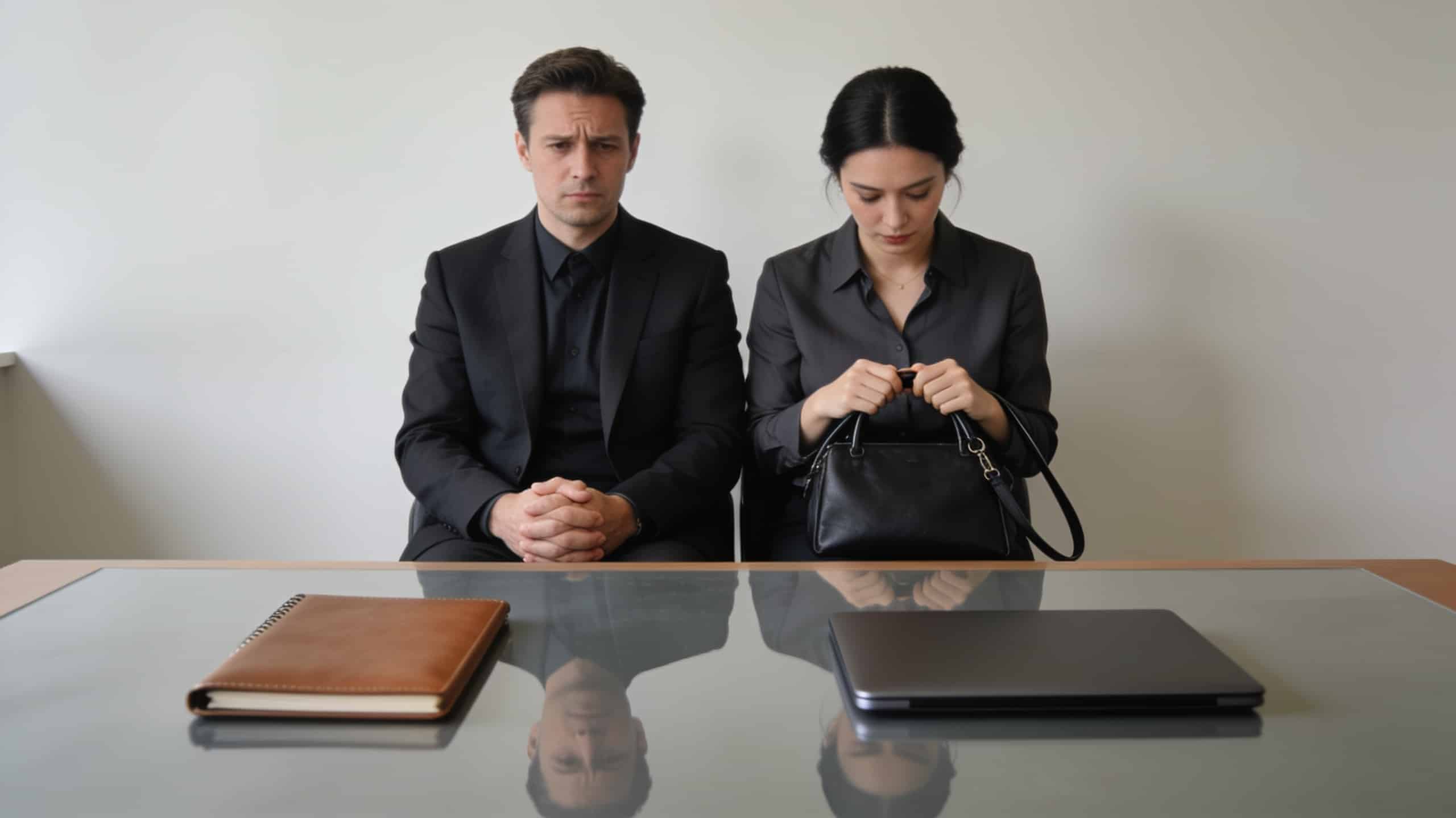 couple inquiet assis devant bureau conseiller financier