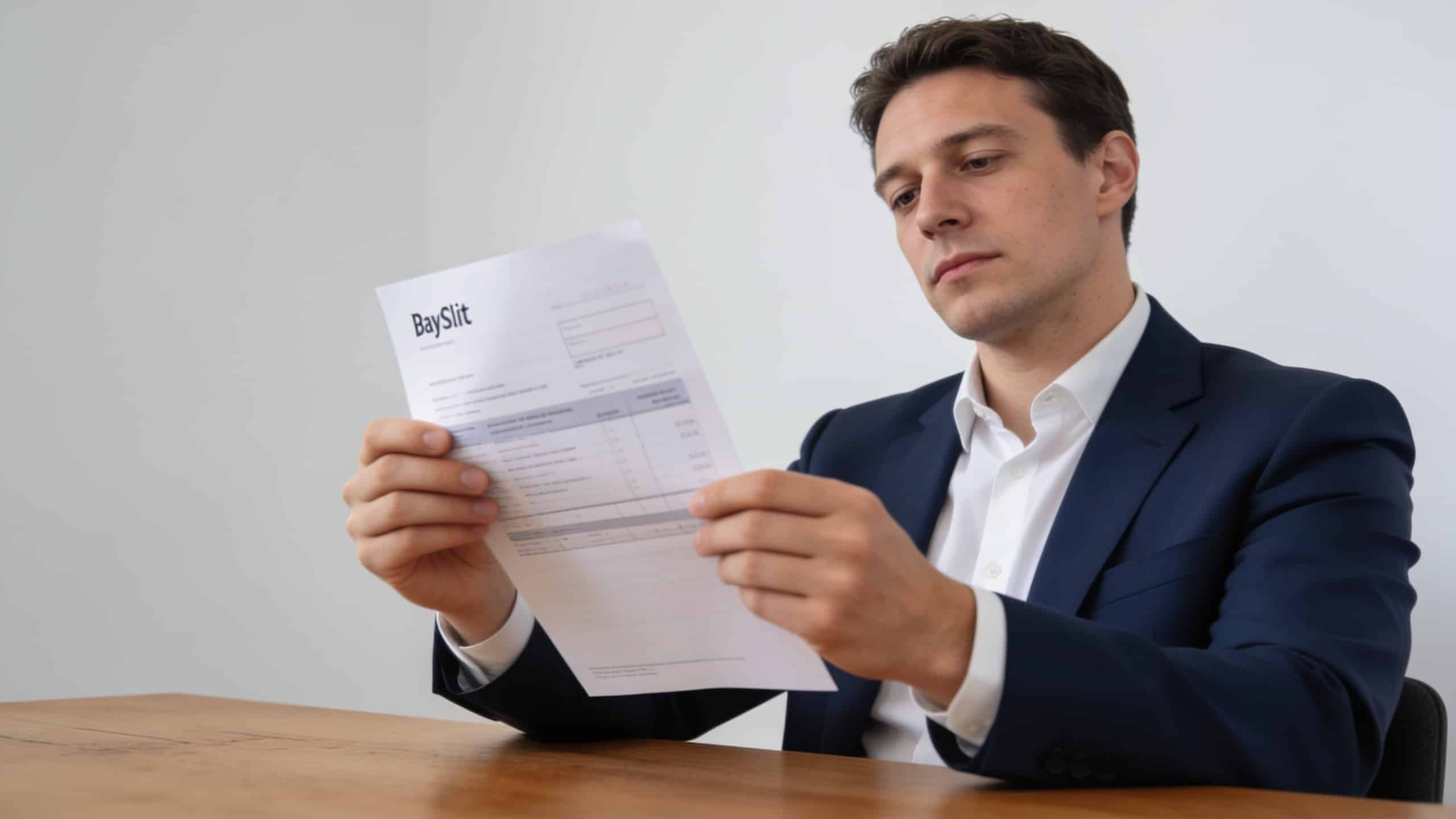 employe de bureau britannique consultant une fiche de paie