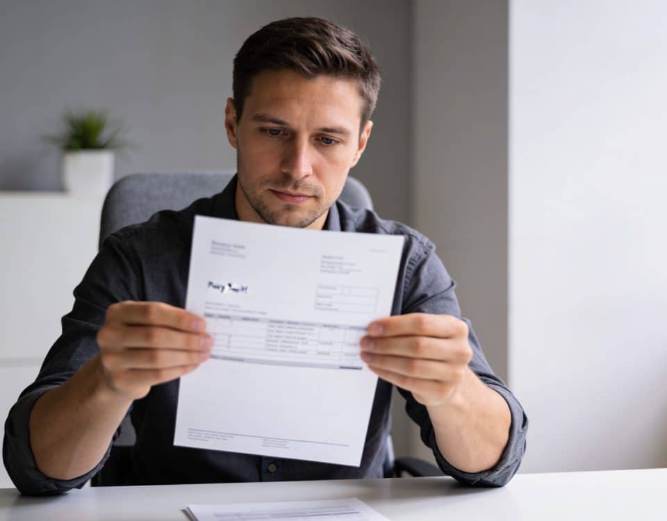 Employe assis au bureau regardant sa fiche de paie