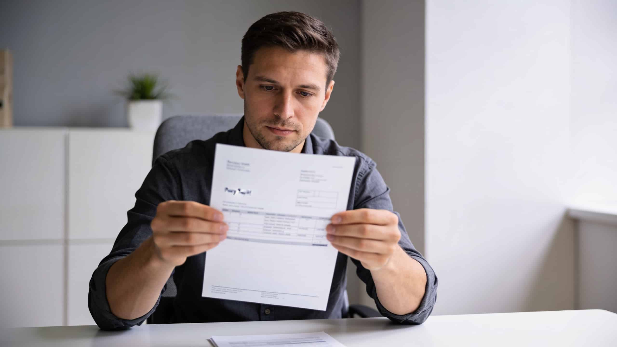 Employe assis au bureau regardant sa fiche de paie