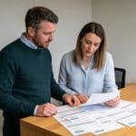 employes de bureau irlandais discutant feuilles de paie