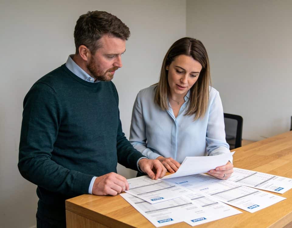 employes de bureau irlandais discutant feuilles de paie