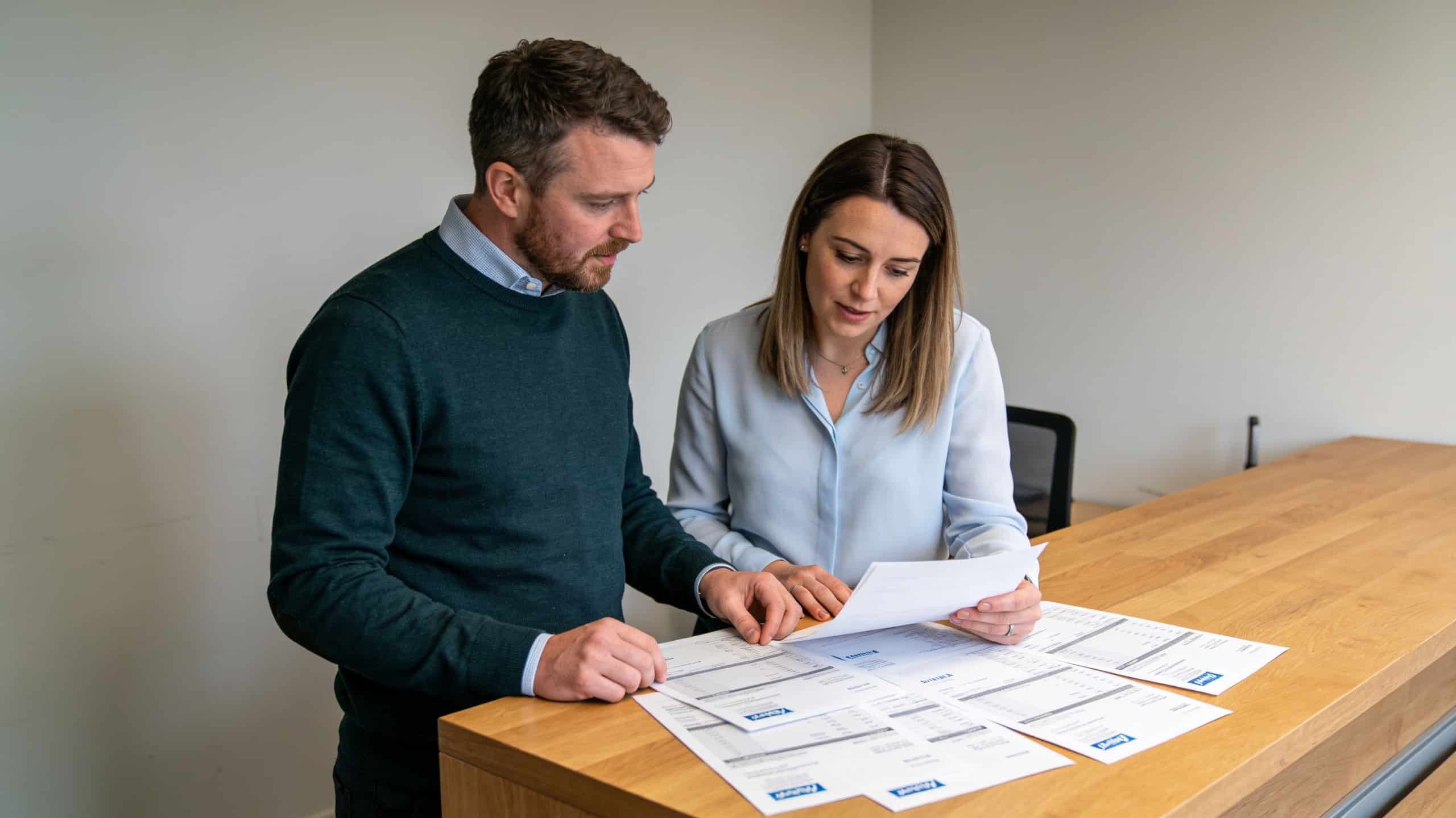 employes de bureau irlandais discutant feuilles de paie