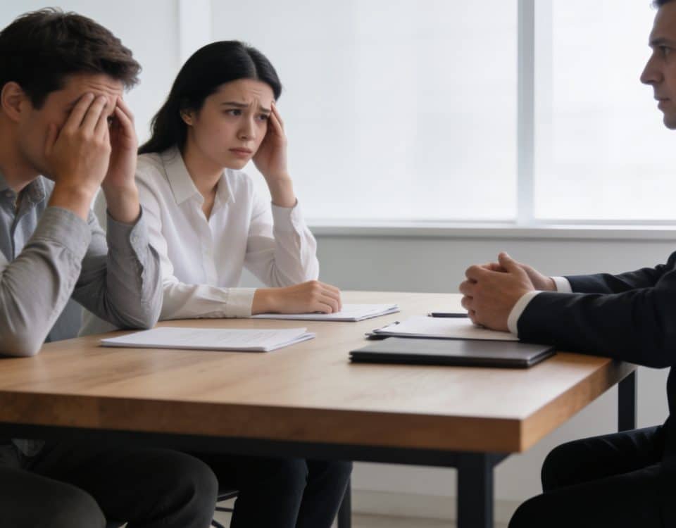 deux employes inquiets discutant avec avocat dans bureau