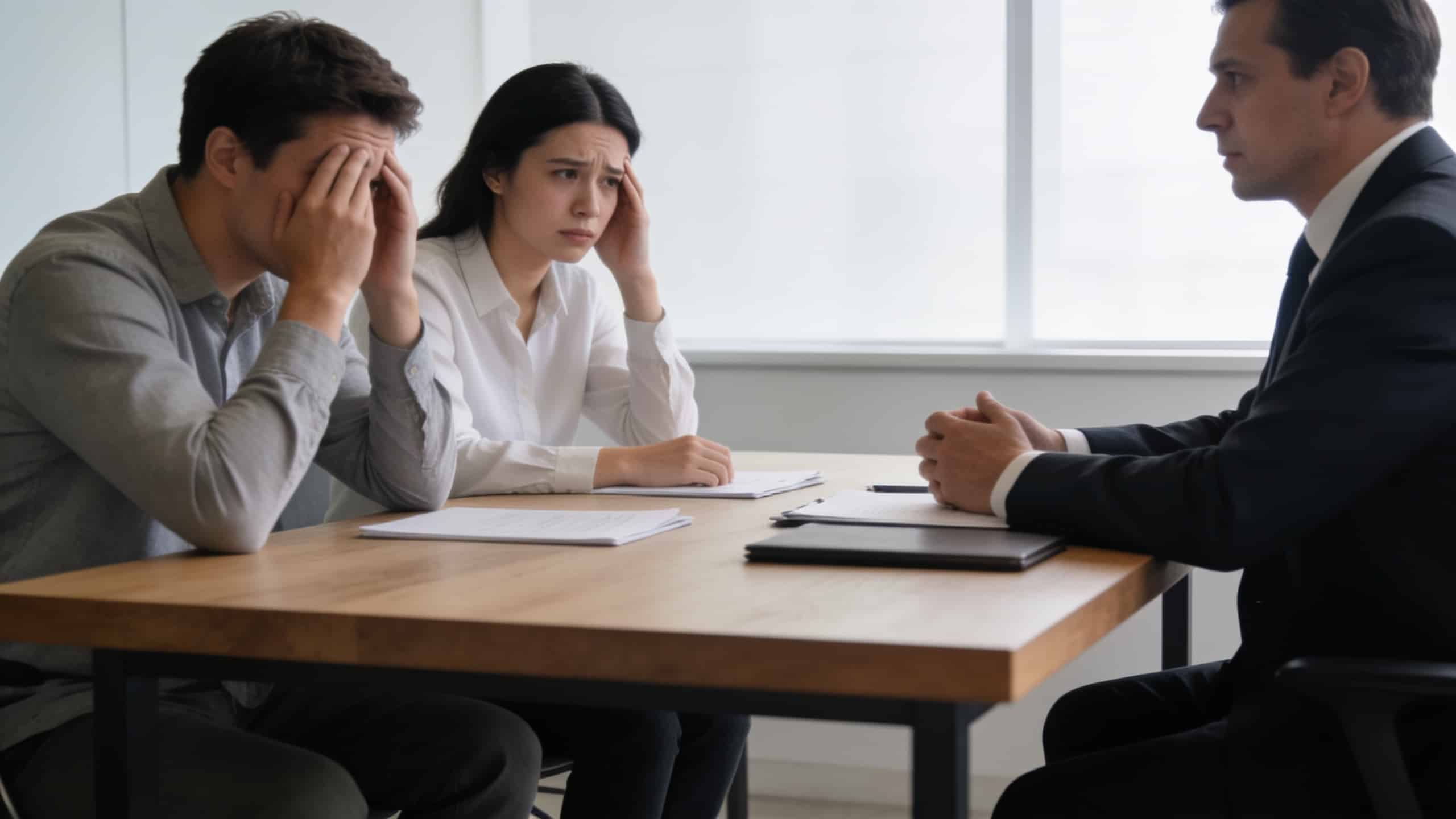 deux employes inquiets discutant avec avocat dans bureau