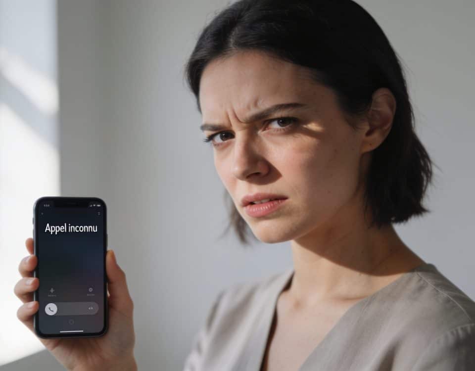 Femme agacée regarde son smartphone affichant appel inconnu