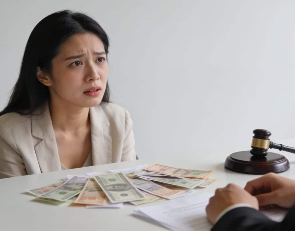 femme anxieuse assise devant un notaire factures étalées