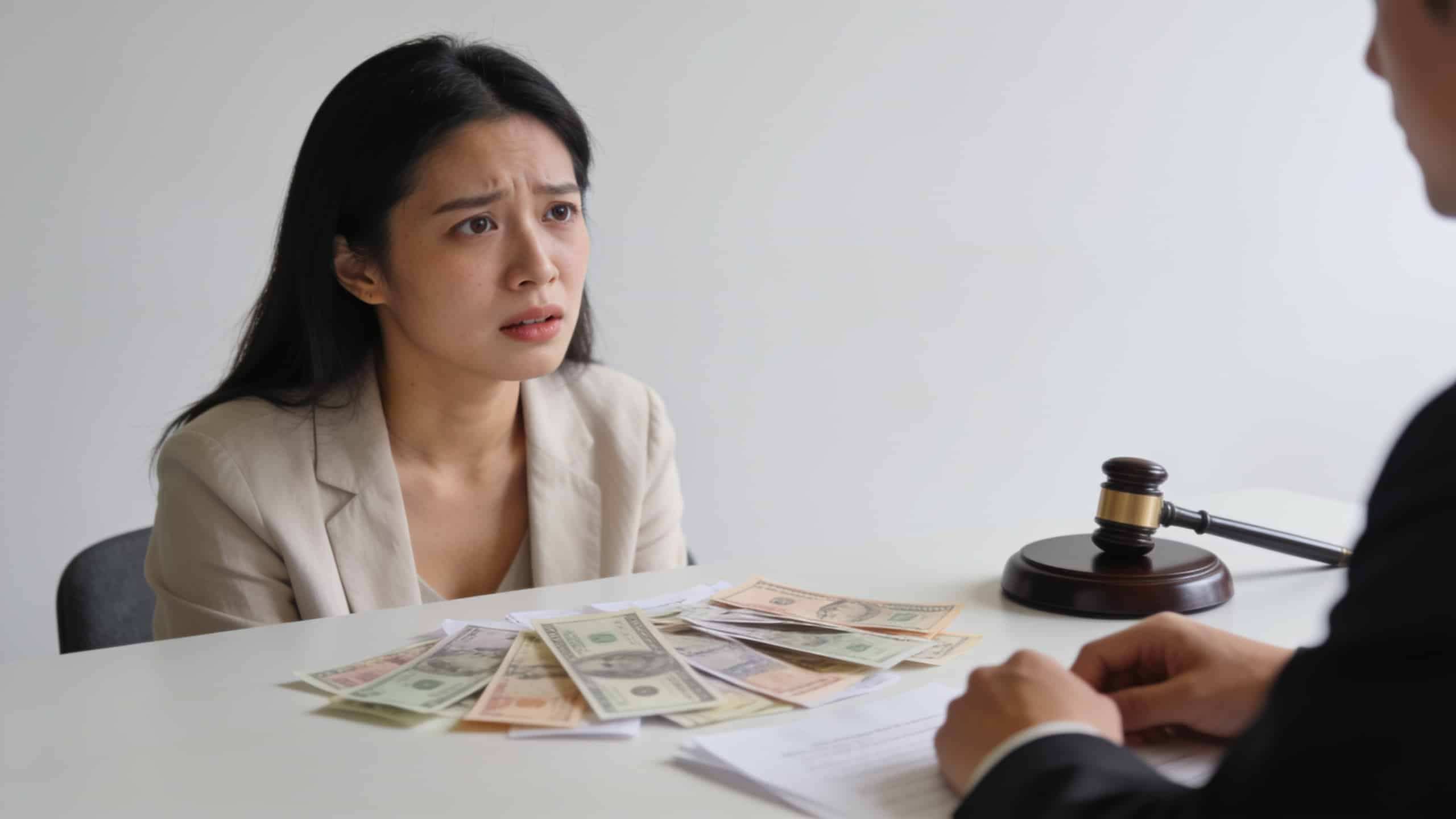 femme anxieuse assise devant un notaire factures étalées