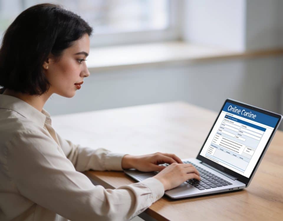 femme assise a un bureau remplissant un formulaire en ligne