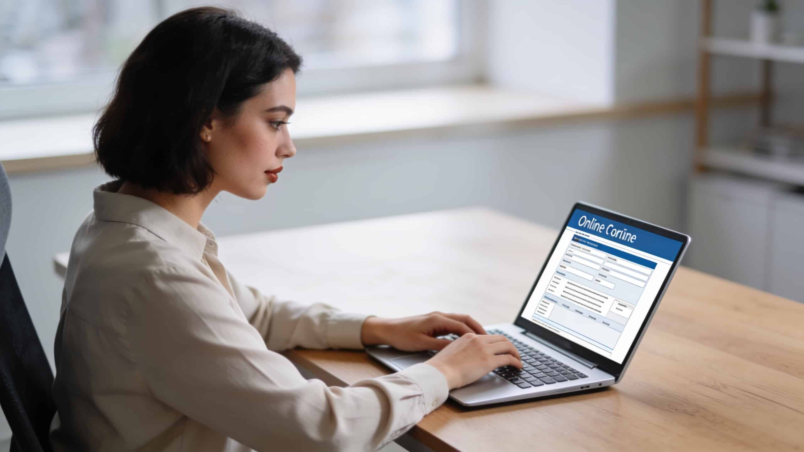 femme assise a un bureau remplissant un formulaire en ligne