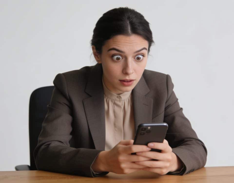femme assise au bureau regardant smartphone intriguée
