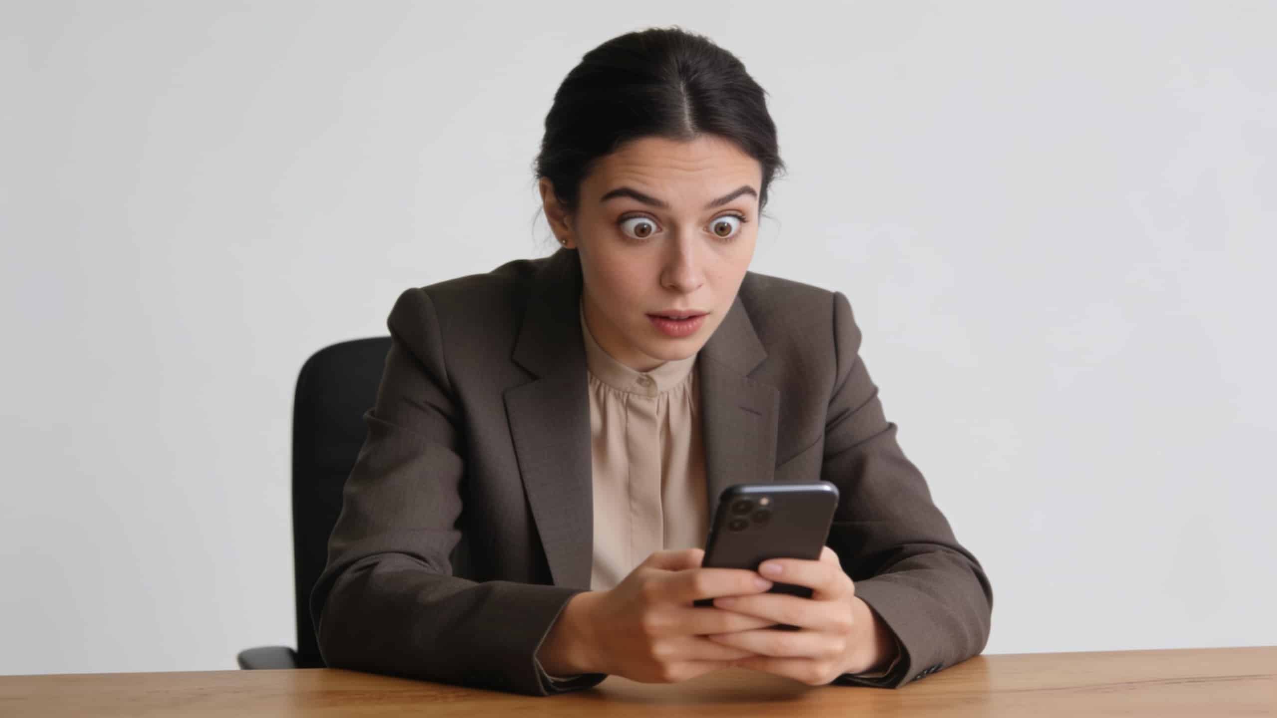 femme assise au bureau regardant smartphone intriguée