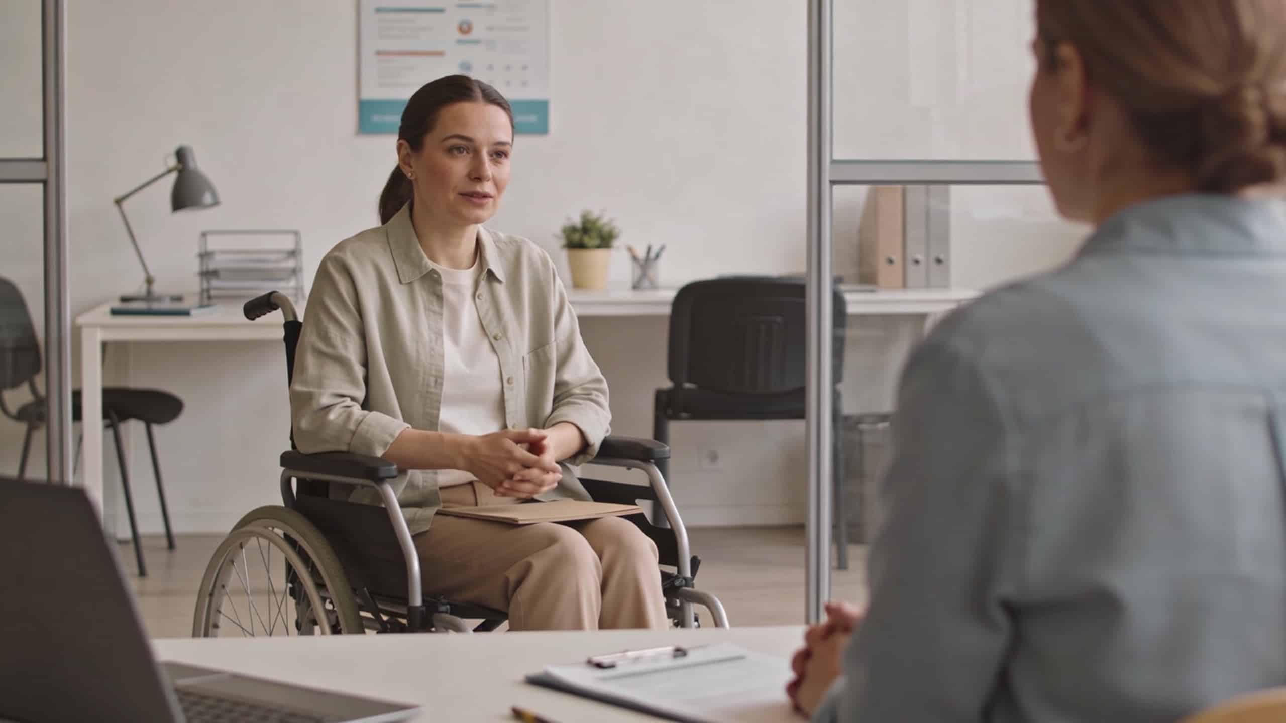 femme en fauteuil roulant parlant avec conseiller pole emploi