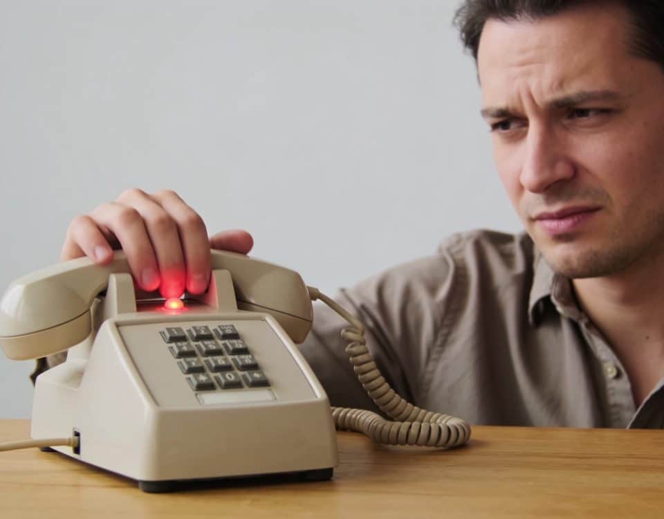 Homme agace raccroche son telephone fixe clignotant