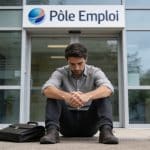 homme assis au sol devant bureau de pole emploi