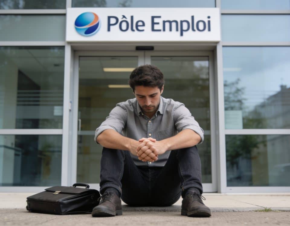 homme assis au sol devant bureau de pole emploi