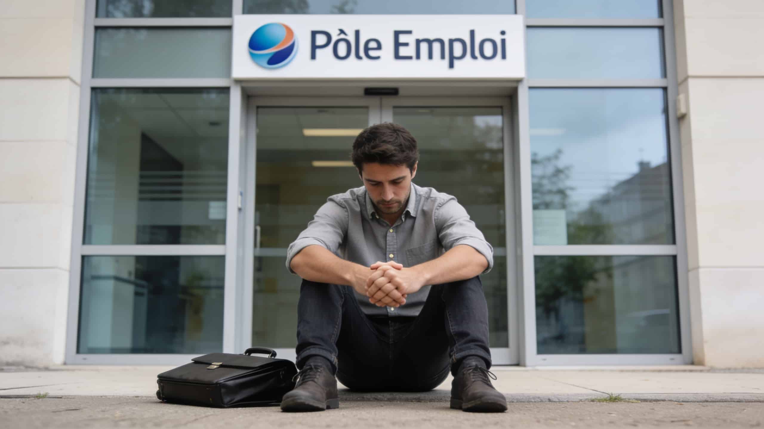 homme assis au sol devant bureau de pole emploi