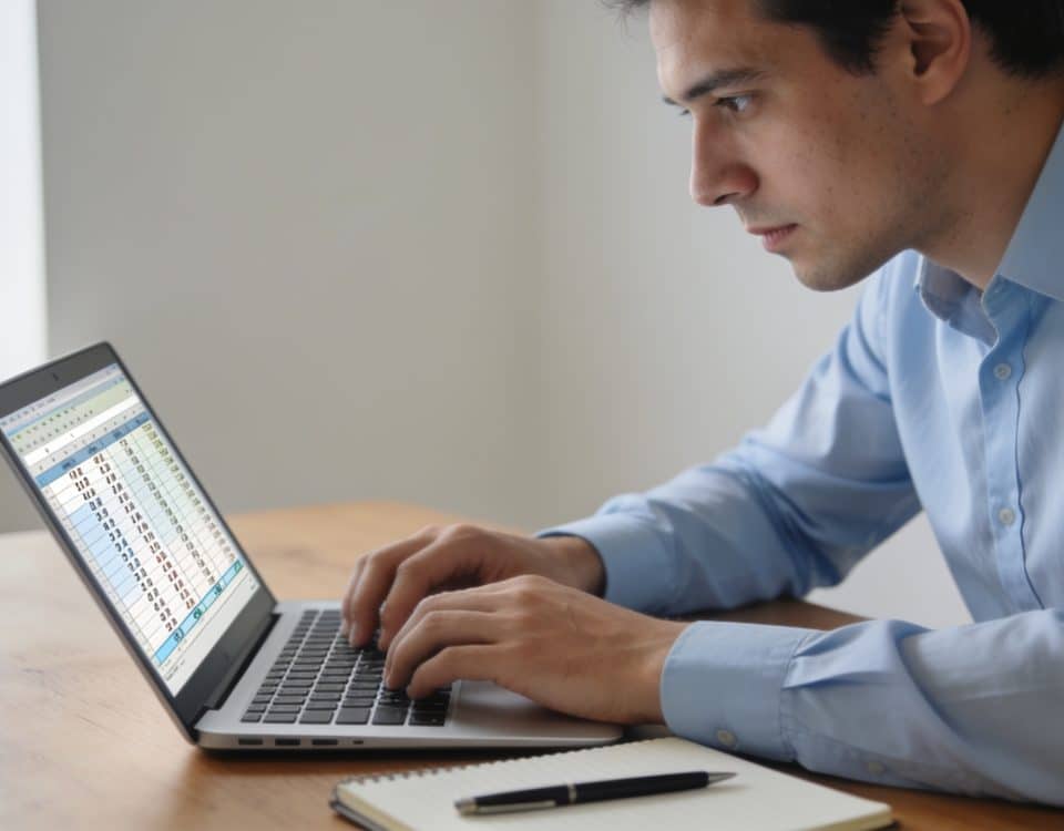 homme en chemise calculant des intérêts sur ordinateur