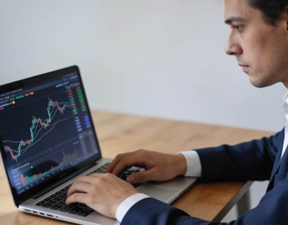 Homme concentré devant laptop affichant graphiques financiers