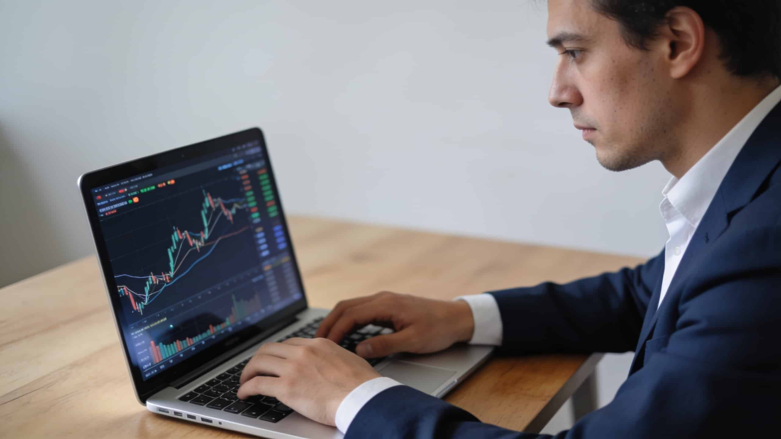 Homme concentré devant laptop affichant graphiques financiers