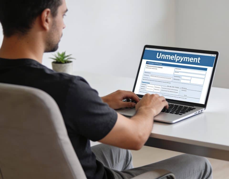 Homme assis devant ordinateur consultant formulaires de chomage