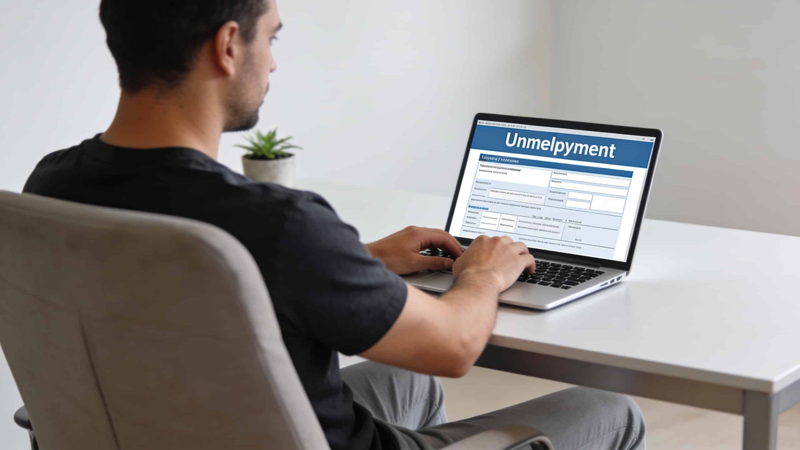 Homme assis devant ordinateur consultant formulaires de chomage