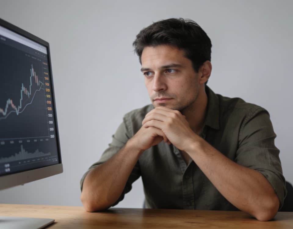 Homme pensif devant écran affichant graphique bancaire