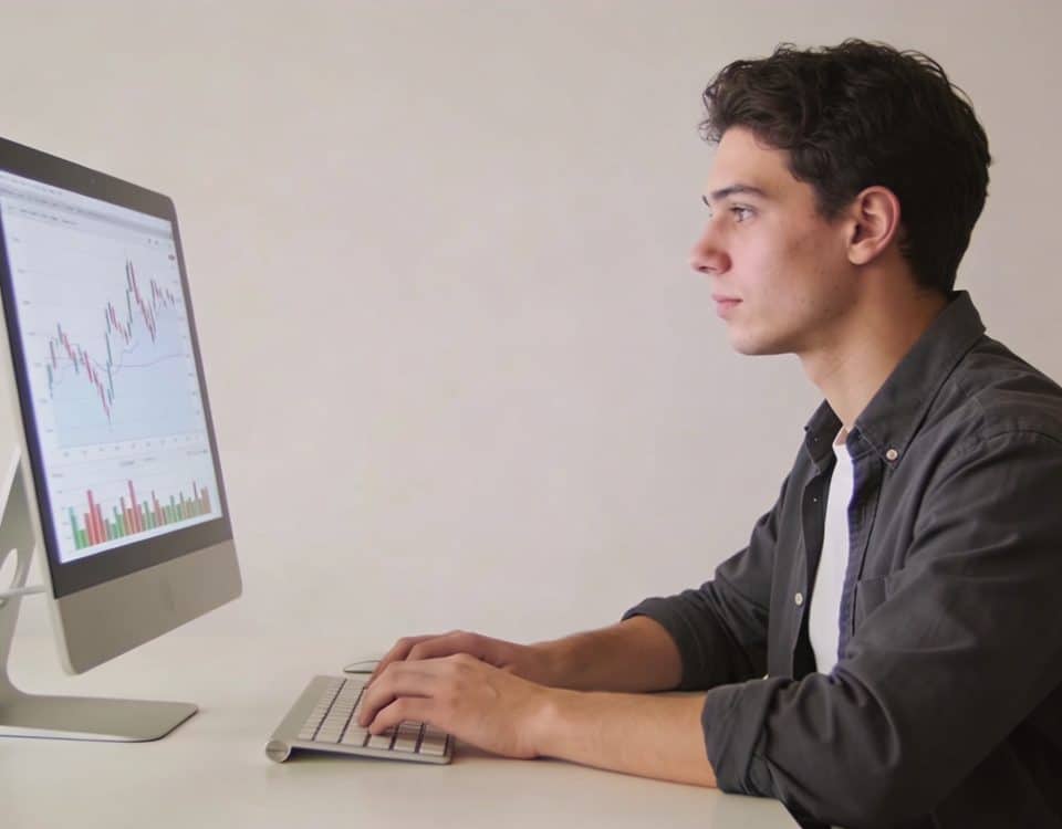 jeune homme assis devant ordinateur analysant graphiques financiers