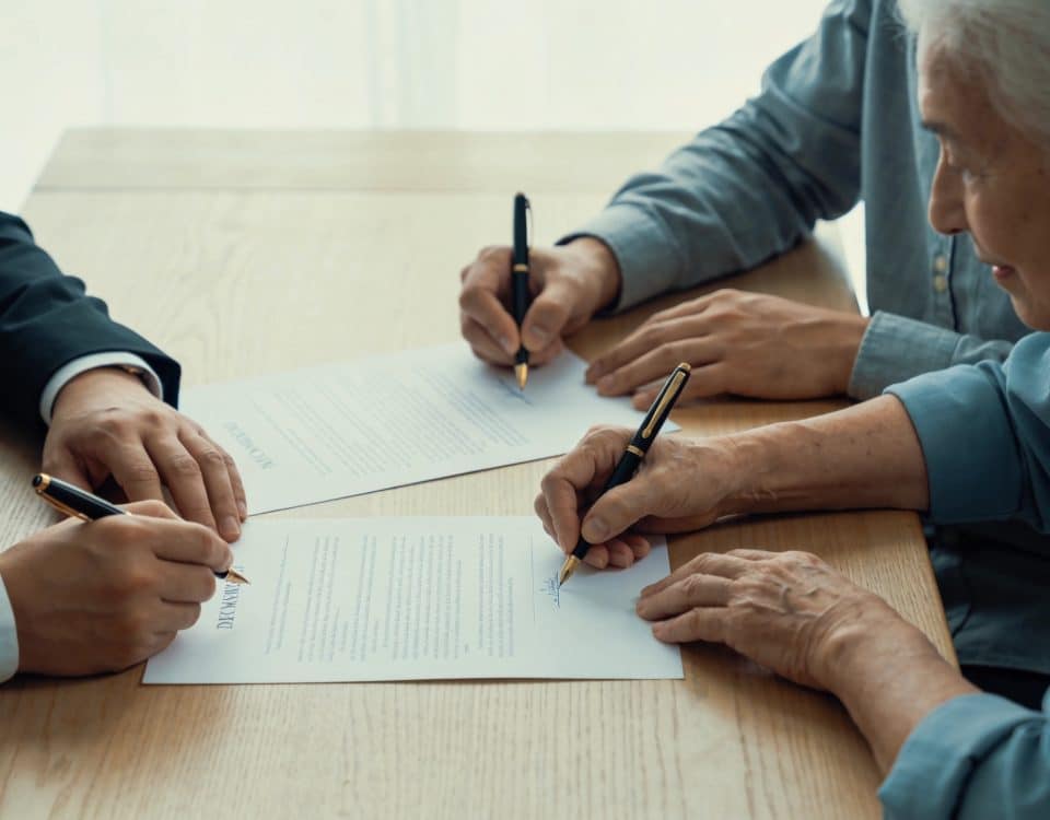 Notaire et couple senior assis signant des documents